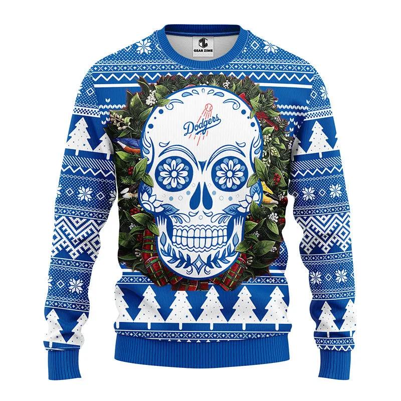 Los Angeles Dodgers Skull Flower Ugly Christmas Sweater, MLB Christmas Sweater Moonbestprint