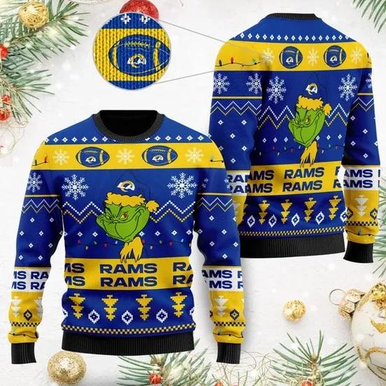 Los Angeles Rams American Football Team Logo Cute Grinch Christmas Ugly Sweater, NFL Christmas Sweater Moonbestprint