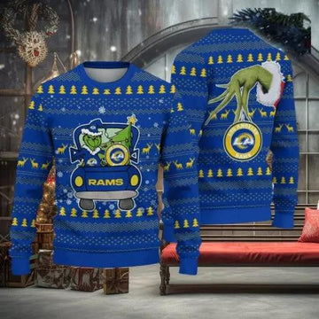 Los Angeles Rams And Grinch Driving With Pine Trees Ugly Christmas Sweater, NFL Chritsmas Sweater Moonbestprint