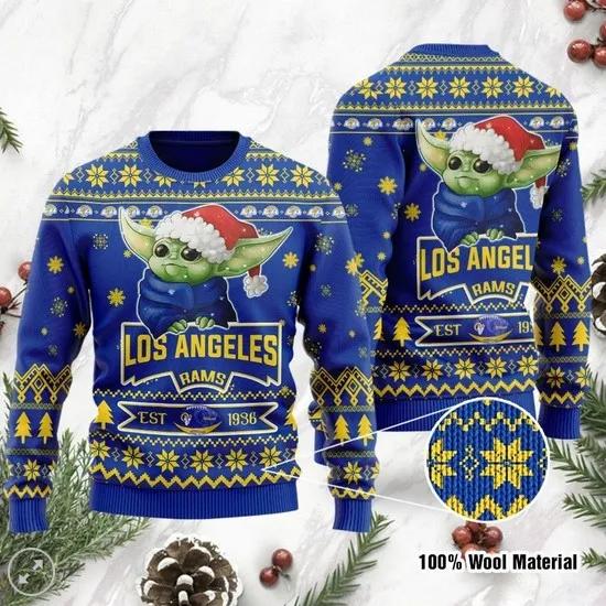 Los Angeles Rams Cute Baby Yoda Grogu Ugly Christmas Sweater, NFL Christmas Sweater Moonbestprint