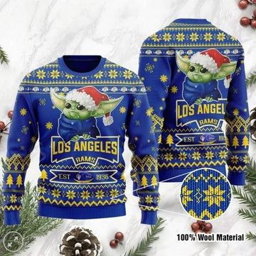 Los Angeles Rams Cute Baby Yoda Grogu Ugly Christmas Sweater, NFL Christmas Sweater Moonbestprint