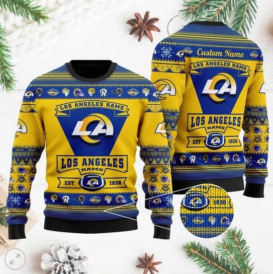 Los Angeles Rams Football Team Logo Custom Name Ugly Christmas Sweater, NFL Christmas Sweater Moonbestprint