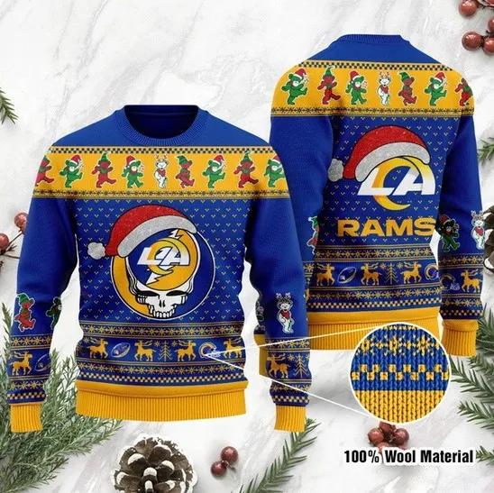 Los Angeles Rams Grateful Dead SKull And Bears Ugly Christmas Sweater, NFL Christmas Sweater Moonbestprint