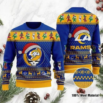 Los Angeles Rams Grateful Dead SKull And Bears Ugly Christmas Sweater, NFL Christmas Sweater Moonbestprint