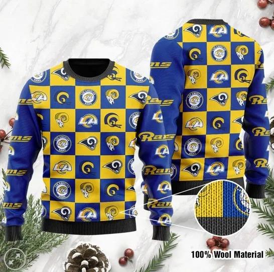 Los Angeles Rams Logo Checkered Flannel Ugly Christmas Sweater, NFL Christmas Sweater Moonbestprint