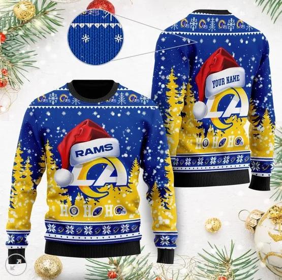 Los Angeles Rams Symbol Wearing Santa Claus Hat Ho Ho Ho Ugly Christmas Sweater, NFL Christmas Sweater Moonbestprint