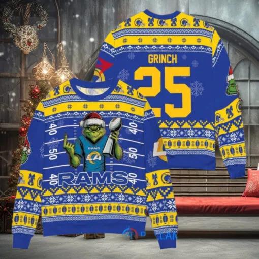 Los Angeles Rams x Grinch Christmas Dr. Seuss How the Grinch Stole Christmas with Super Bowl Trophy Custom Ugly Christmas Sweater, NFL Chritsmas Sweater Moonbestprint