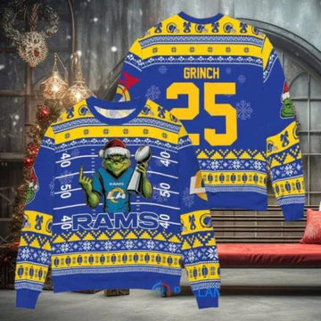 Los Angeles Rams x Grinch Christmas Dr. Seuss How the Grinch Stole Christmas with Super Bowl Trophy Custom Ugly Christmas Sweater, NFL Chritsmas Sweater Moonbestprint