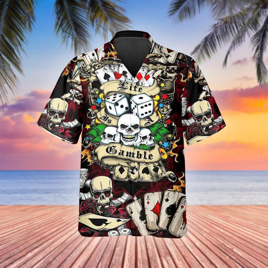Lucky Dice Spades Gambling Skull Hawaiian Shirt, Hawaiian Button Up Shirt, Tropical Shirts For Men Moonbestprint