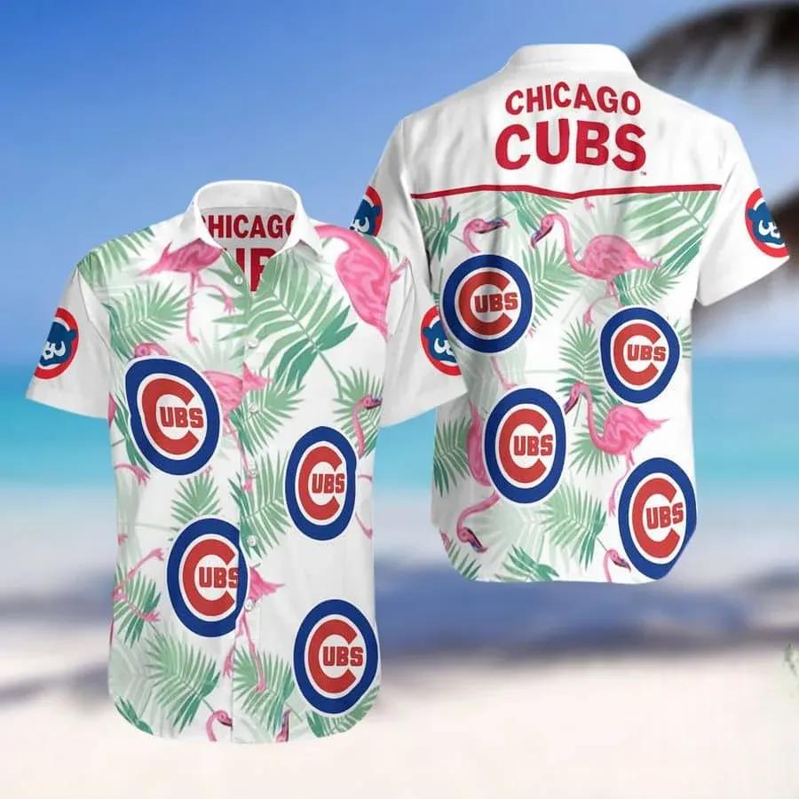 MLB Chicago Cubs With Flamingos And Leaves White Hawaiian Shirt, MLB Hawaiian Shirt Moonbestprint