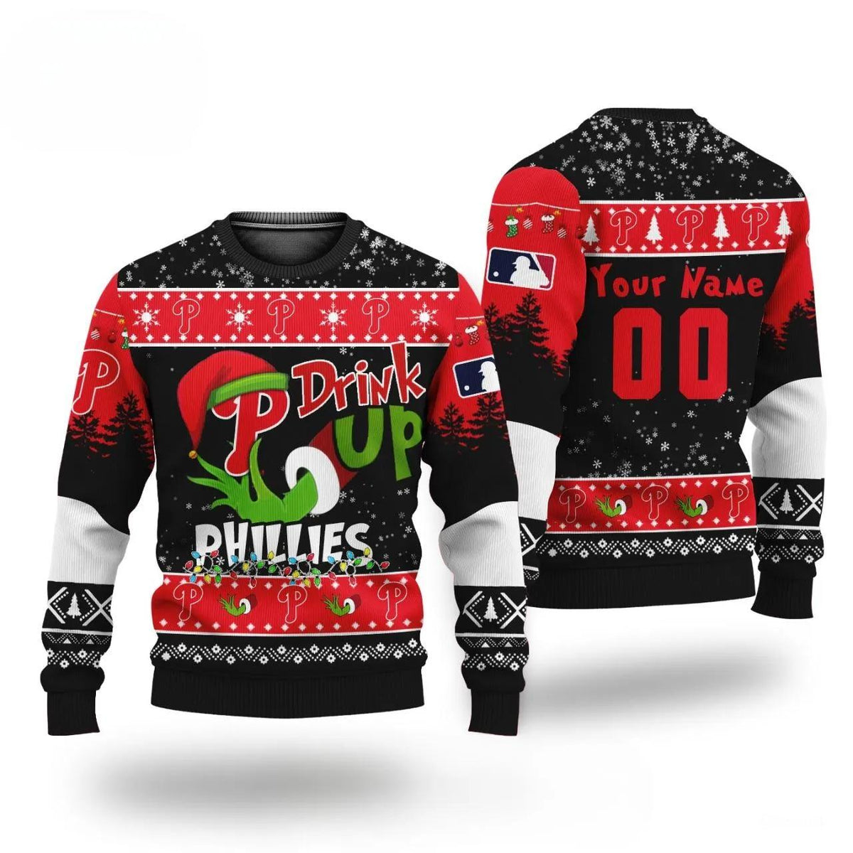 MLB Grinch Drink Up Philadelphia Phillies Custom Ugly Christmas Sweater, MLB Christmas Sweater Moonbestprint