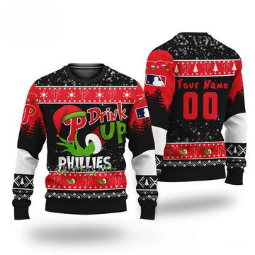 MLB Grinch Drink Up Philadelphia Phillies Custom Ugly Christmas Sweater, MLB Christmas Sweater Moonbestprint