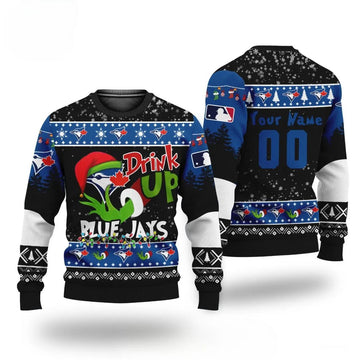 MLB Grinch Drink Up Toronto Blue Jays Custom Ugly Christmas Sweater, MLB Christmas Sweater Moonbestprint
