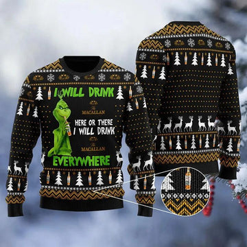 Macallan Grinch Will Drink Everywhere Ugly Sweater, Grinch Holiday Sweater Moonbestprint
