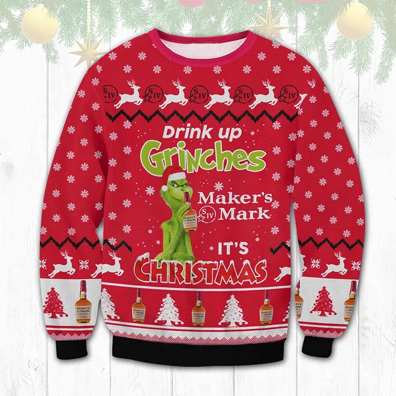 Maker’s Mark Drink Up Grinches Ugly Sweater, Grinch Holiday Sweater Moonbestprint