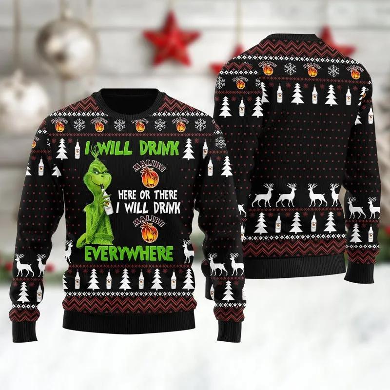 Malibu Grinch Will Drink Everywhere Ugly Sweater, Grinch Holiday Sweater Moonbestprint