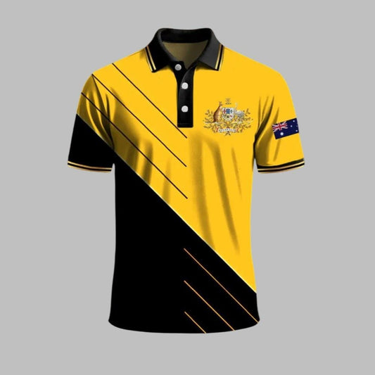 Men's Striped Australian Kangaroo and Emu Emblem Polo Shirt - Moonbestprint