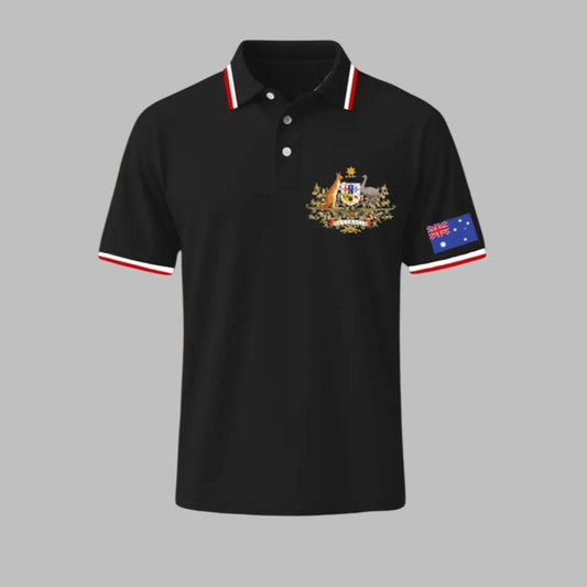 Men's Vintage Australia Flag Coat of Arms Kangaroo Emu Polo Shirt - Moonbestprint