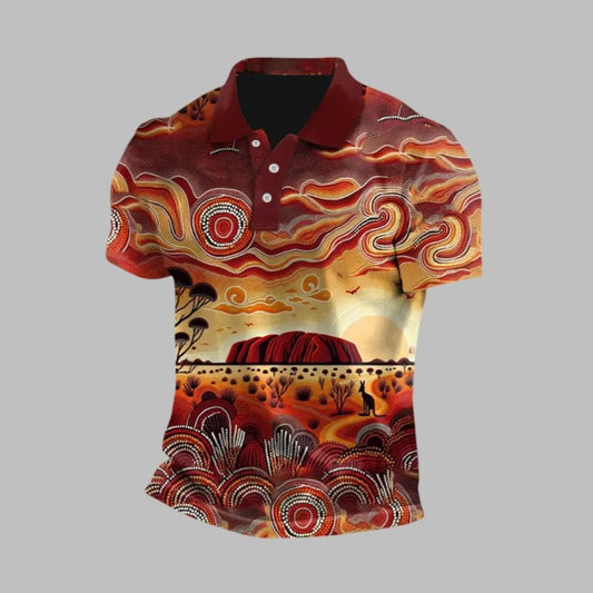 Men's Vintage Australian Kangaroo Uluru Sunset Aboriginal Dot Art Painting Polo Shirt - Moonbestprint