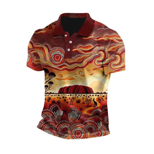 Men's Vintage Australian Kangaroo Uluru Sunset Aboriginal Dot Art Painting Polo Shirt - Moonbestprint