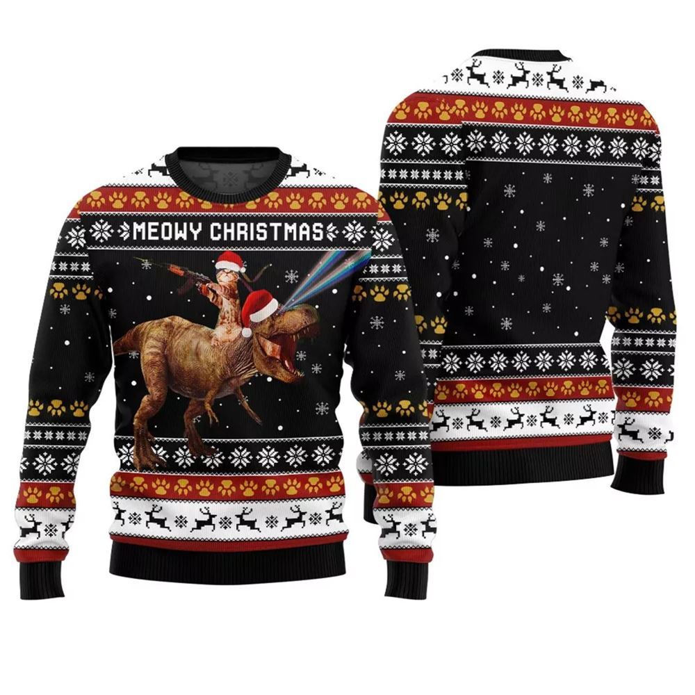 Meowry Christmas Cat Riding Dinosaur Ugly Sweater - Moonbestprint