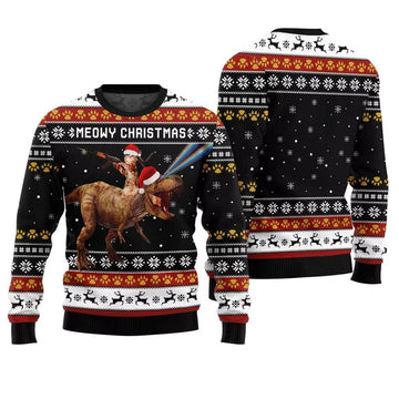 Meowry Christmas Cat Riding Dinosaur Ugly Sweater - Moonbestprint