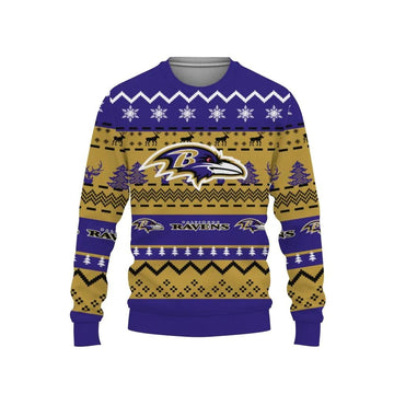 Merry Christmas Snow Pattern Funny Cute Baltimore Ravens Ugly Christmas Sweater, NFL Christmas Sweater Moonbestprint
