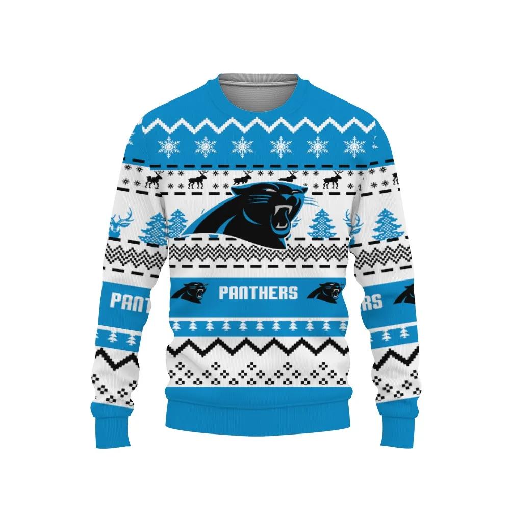 Merry Christmas Snow Pattern Funny Cute Carolina Panthers Ugly Christmas Sweater, NFL Christmas Sweater Moonbestprint