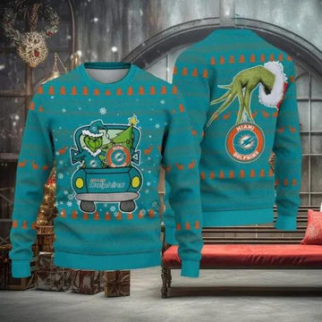 Miami Dolphins And Grinch Driving With Pine Trees Ugly Christmas Sweater, NFL Chritsmas Sweater Moonbestprint