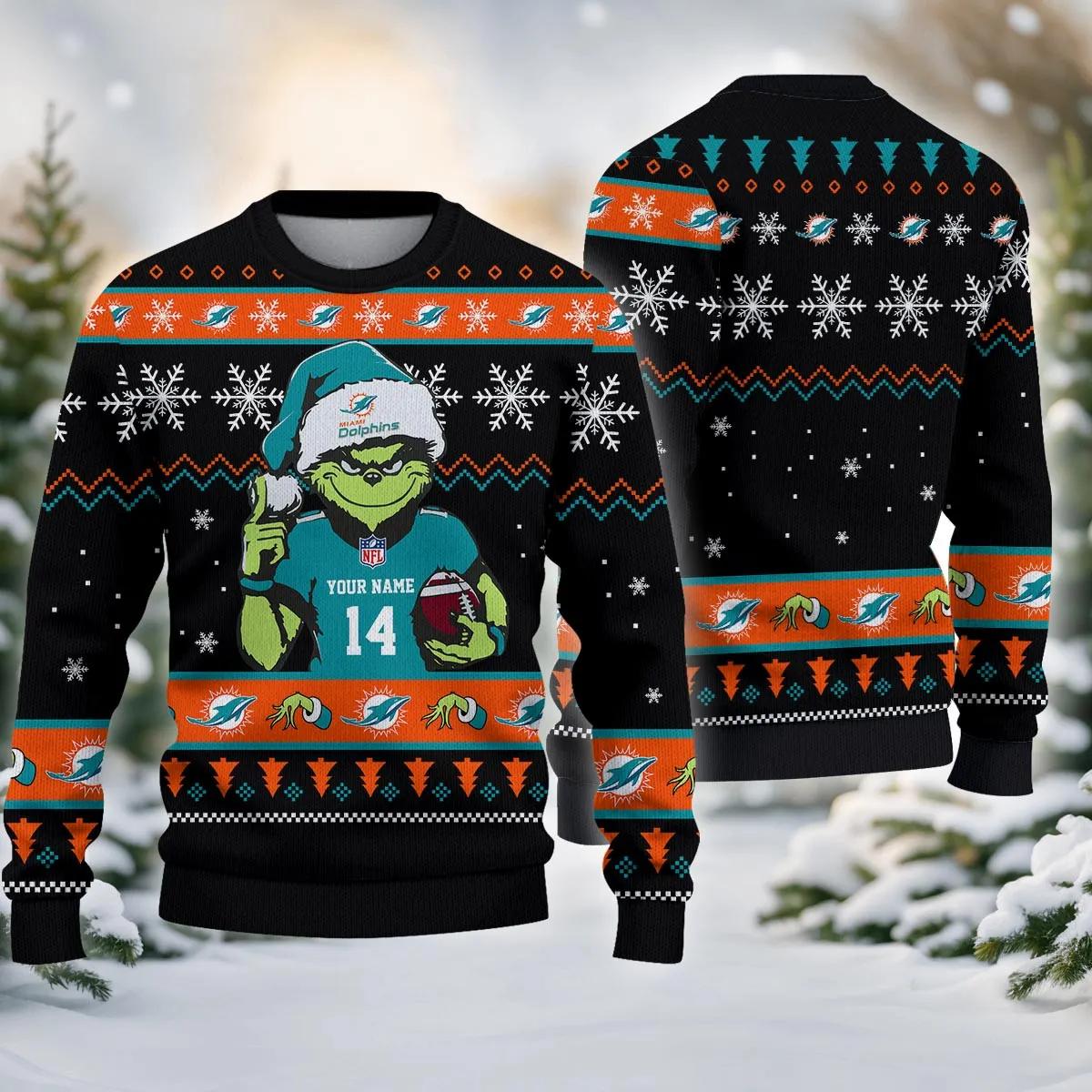 Miami Dolphins Grinch Custom Chrismas Ugly Sweater, NFL Christmas Sweater Moonbestprint