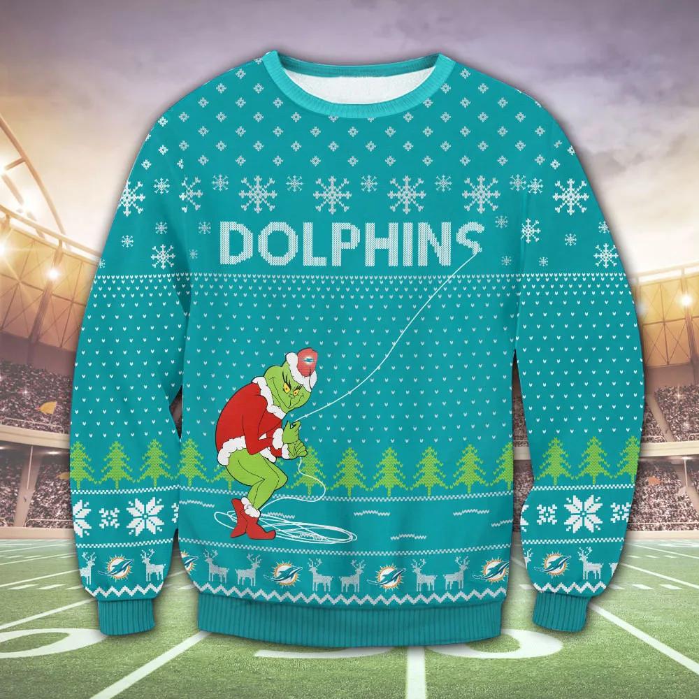 Miami Dolphins Grinch Funny Ugly Christmas Sweater, NFL Christmas Sweater Moonbestprint