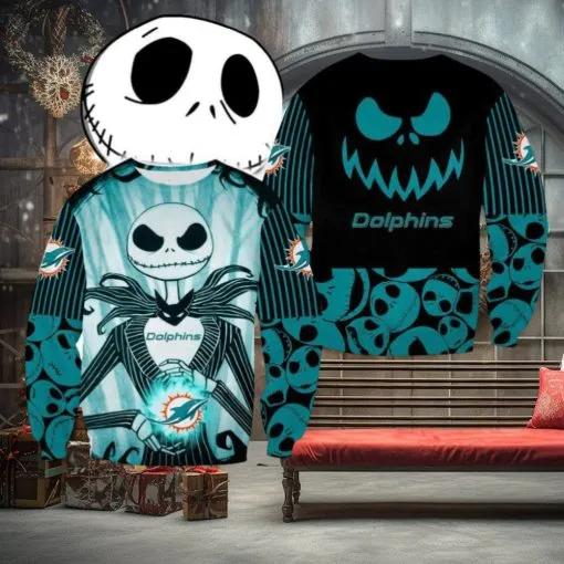 Miami Dolphins Jack Skellington Reindeer Ugly Christmas Sweater, NFL Chritsmas Sweater Moonbestprint