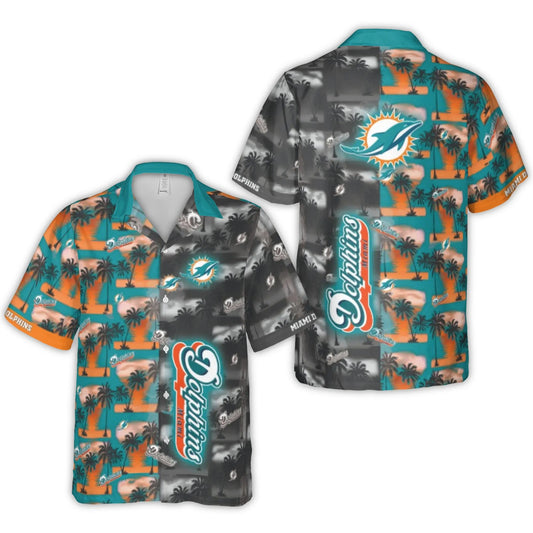 Miami Dolphins Logo With Palm Trees Sunset Hawaiian Shirt – Moonbestprint