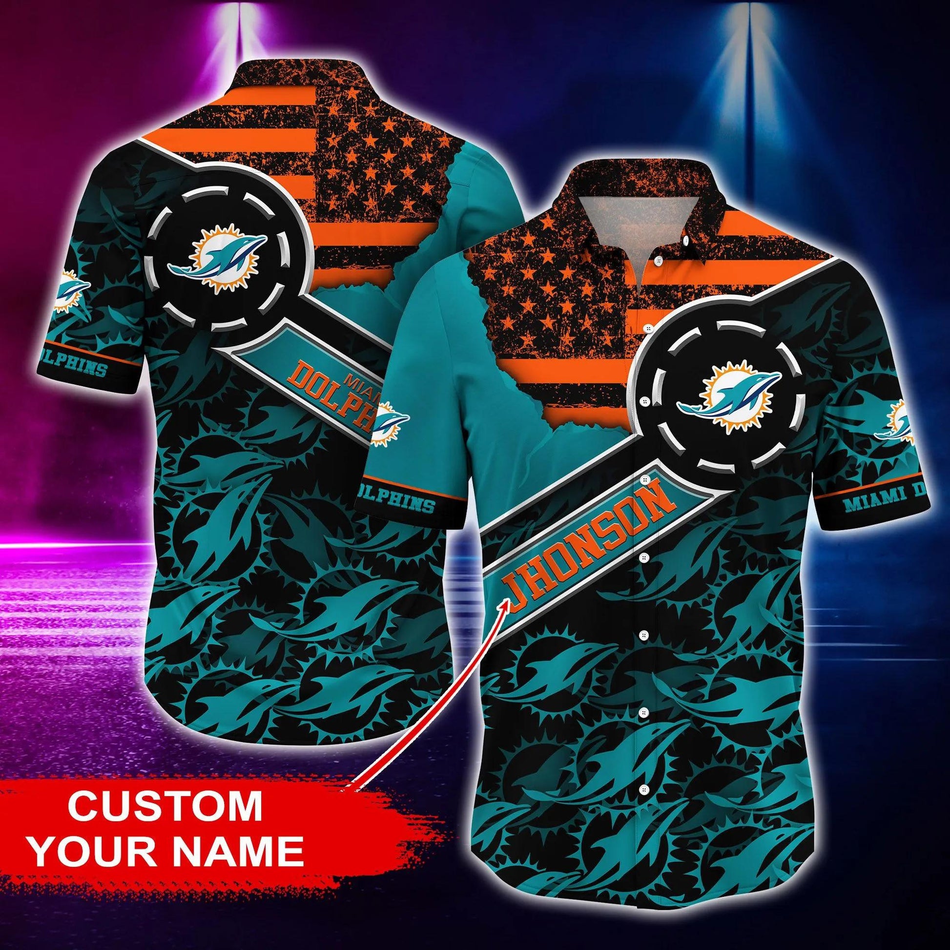 Miami Dolphins Personalized America Flag Hawaiian Shirt, NFL Hawaiian Shirt Moonbestprint
