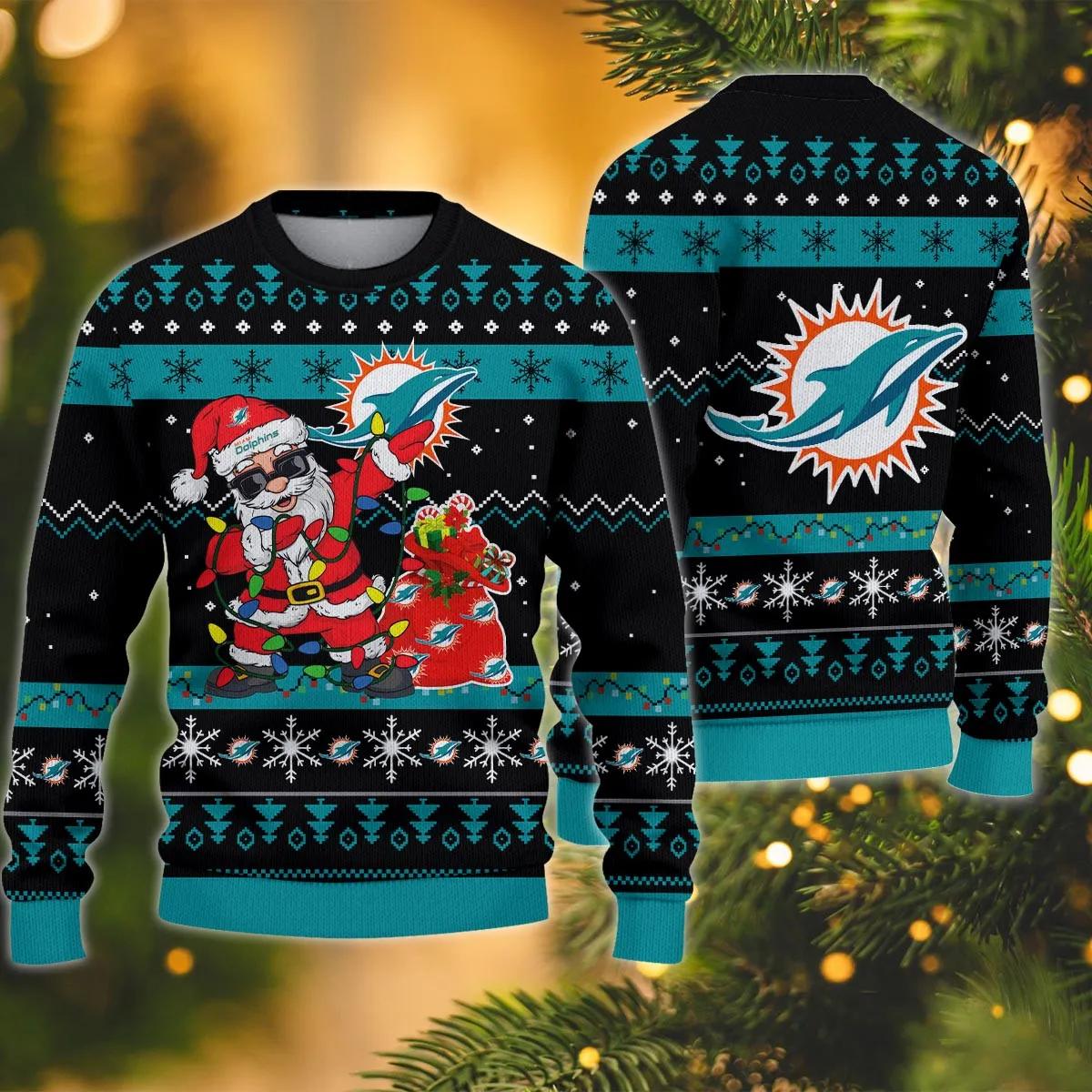 Miami Dolphins Santa Claus Dabbing Ugly Christmas Sweater, NFL Christmas Sweater Moonbestprint