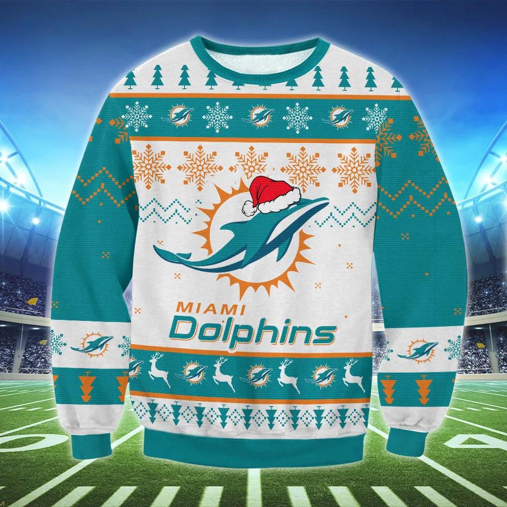 Miami Dolphins Santa Hat Ugly Christmas Sweater, NFL Christmas Sweater Moonbestprint