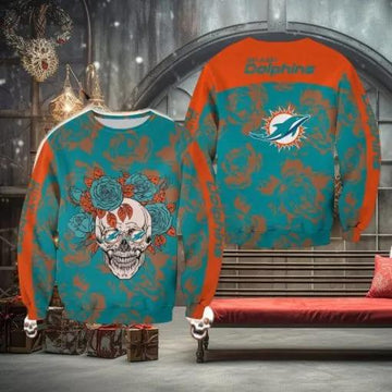 Miami Dolphins Skull And Rose Ugly Christmas Sweater, NFL Chritsmas Sweater Moonbestprint