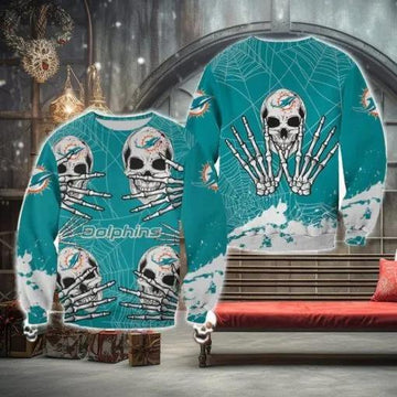 Miami Dolphins Skull Hallowen Cookie Ugly Christmas Sweater, NFL Chritsmas Sweater Moonbestprint