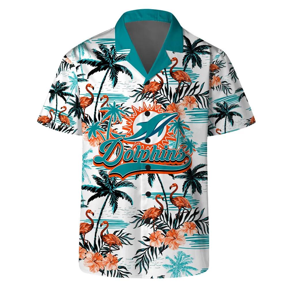 Miami Dolphins Team Logo Pattern Flamingo Hibiscus Hawaiian Shirt, NFL Hawaiian Shirt Moonbestprint