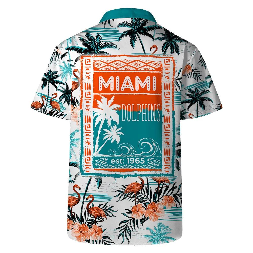 Miami Dolphins Team Logo Pattern Flamingo Hibiscus Hawaiian Shirt, NFL Hawaiian Shirt Moonbestprint