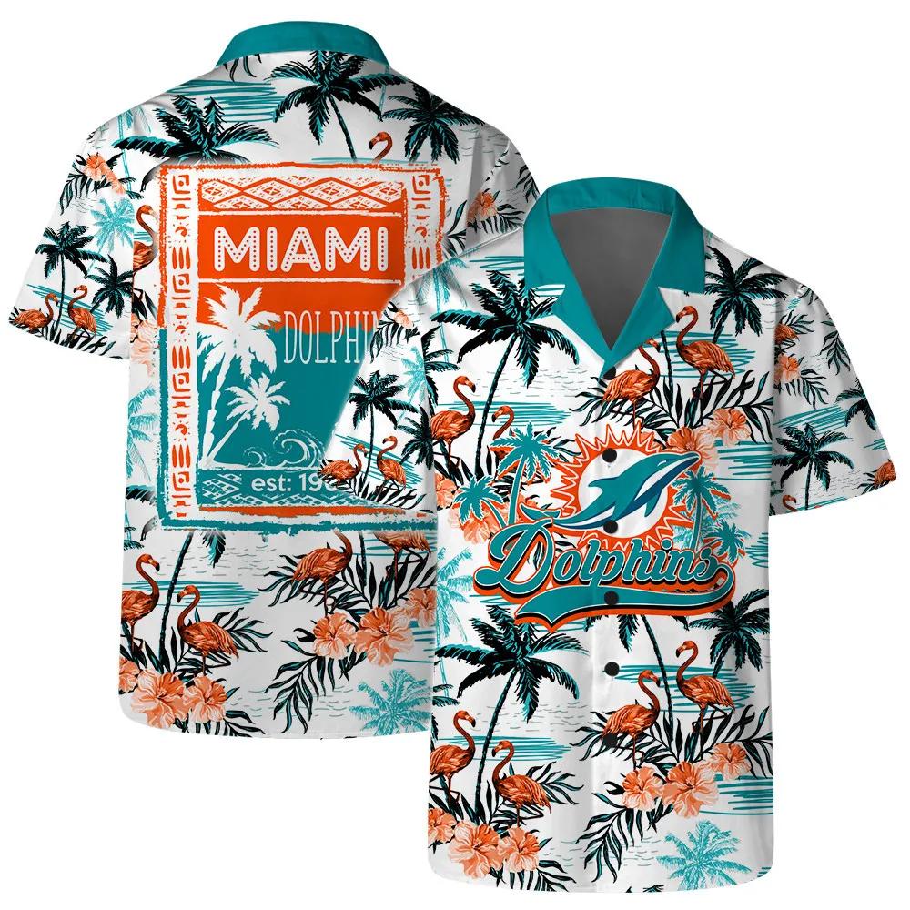 Miami Dolphins Team Logo Pattern Flamingo Hibiscus Hawaiian Shirt, NFL Hawaiian Shirt Moonbestprint