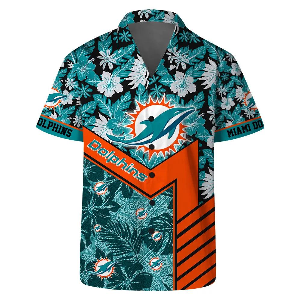 Miami Dolphins Team Logo Pattern Hibiscus Flower Hawaiian Shirt, NFL Hawaiian Shirt Moonbestprint