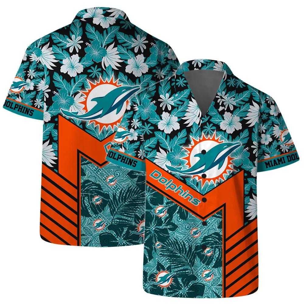 Miami Dolphins Team Logo Pattern Hibiscus Flower Hawaiian Shirt, NFL Hawaiian Shirt Moonbestprint