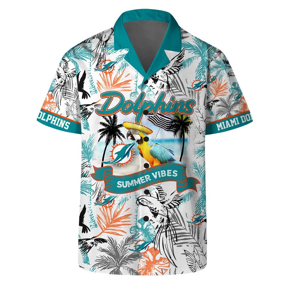 Miami Dolphins Team Logo Pattern Parrot Beach Hawaiian Shirt, NFL Hawaiian Shirt Moonbestprint