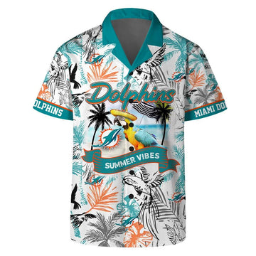 Miami Dolphins Team Logo Pattern Parrot Beach Hawaiian Shirt, NFL Hawaiian Shirt Moonbestprint
