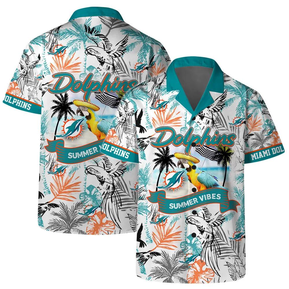 Miami Dolphins Team Logo Pattern Parrot Beach Hawaiian Shirt, NFL Hawaiian Shirt Moonbestprint