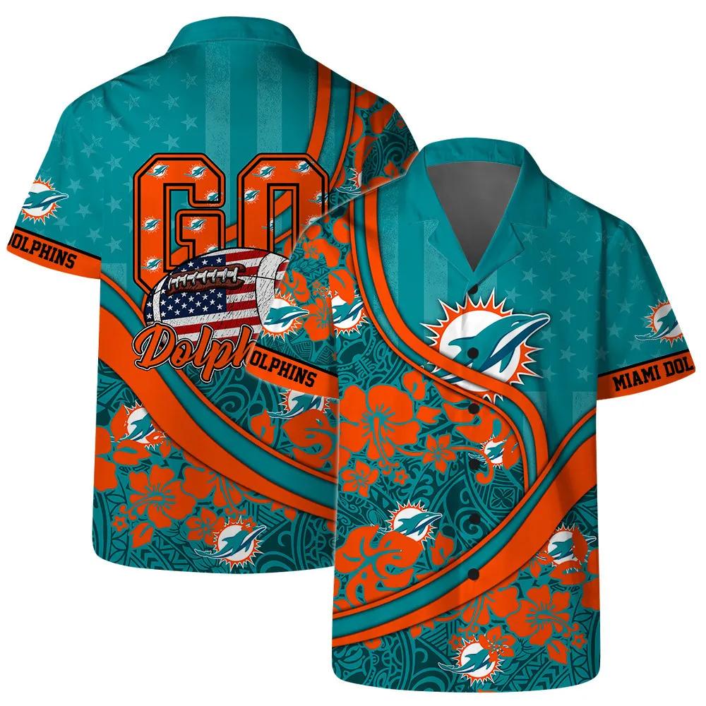 Miami Dolphins Team Logo Pattern US Flag Hawaiian Shirt, NFL Hawaiian Shirt Moonbestprint