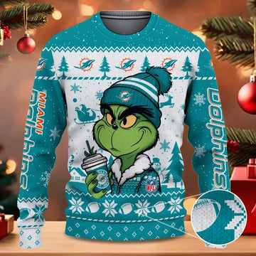 Miami Dolphins The Grinch Drink Coffee Ugly Christmas Sweater, NFL Christmas Sweater Moonbestprint