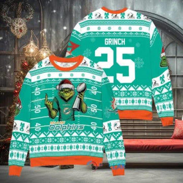 Miami Dolphins x Grinch Christmas Dr. Seuss How the Grinch Stole Christmas with Super Bowl Trophy Custom Ugly Christmas Sweater, NFL Chritsmas Sweater Moonbestprint