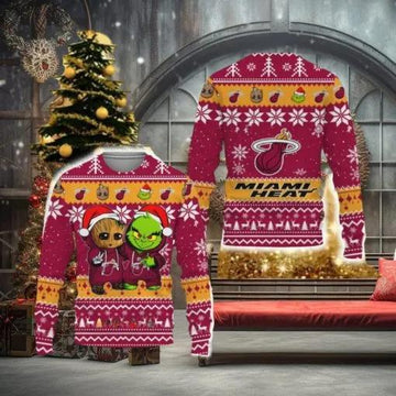 Miami Heat Baby Groot And Grinch Best Friends Ugly Christmas Sweater, NBA Chritsmas Sweater Moonbestprint